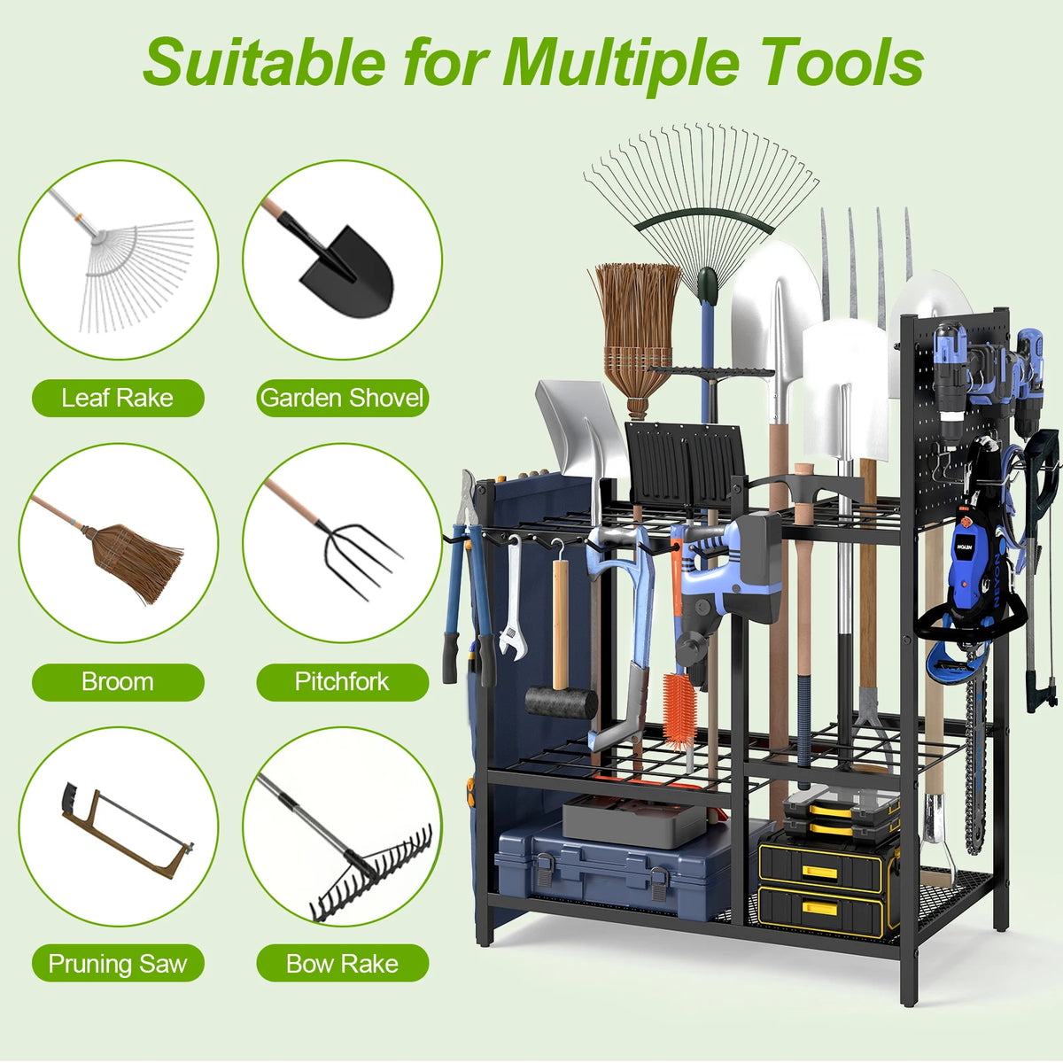 Sturdy Metal Garden Tool Organizer Rack With Storage Bags