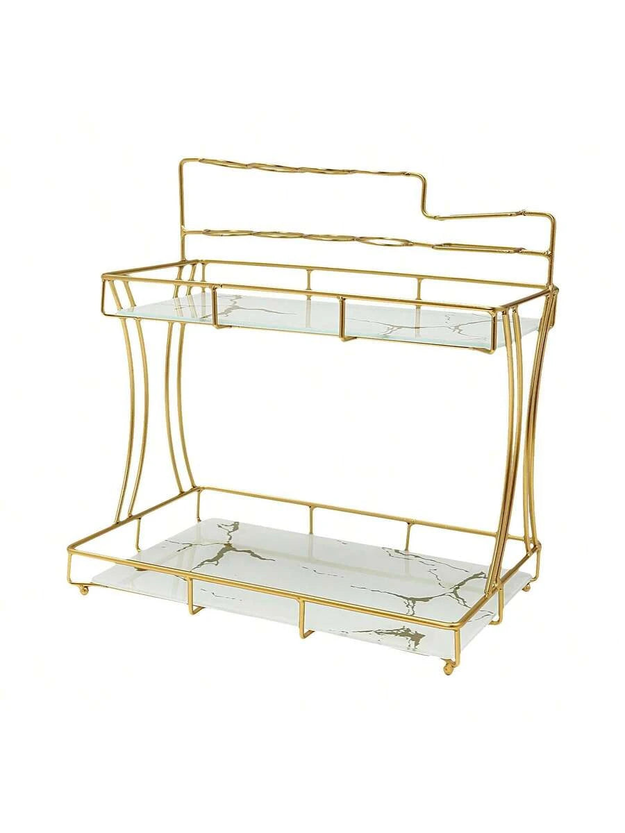 Dual Tier Metal Makeup Organizer Tray With Toothbrush Holder