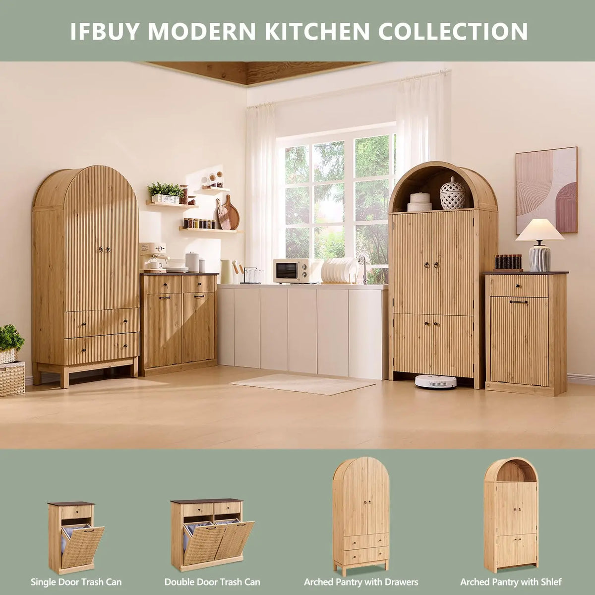 Solid Wood Fluted Free Standing Bathroom Storage Cabinet