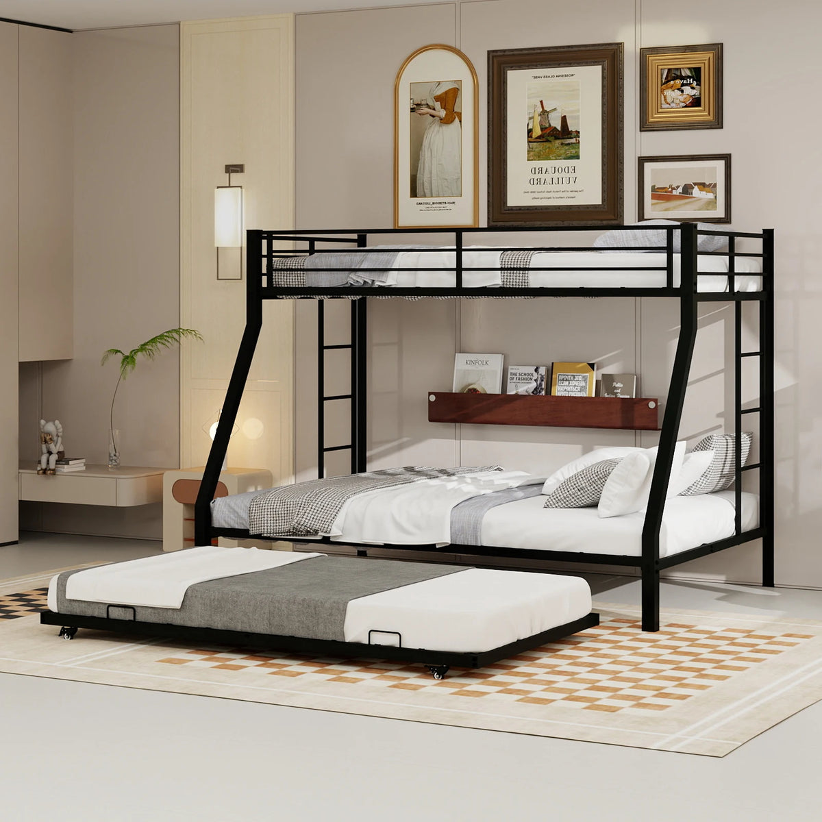 Heavy Duty Metal Triple Bunk Bed With Trundle And Guardrails