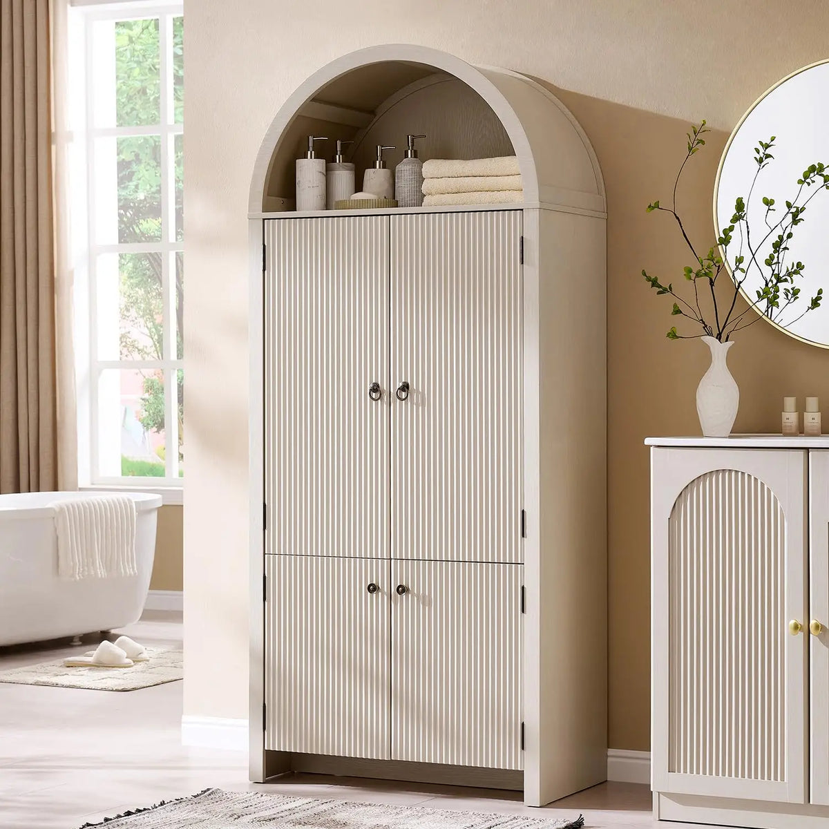 Solid Wood Fluted Free Standing Bathroom Storage Cabinet