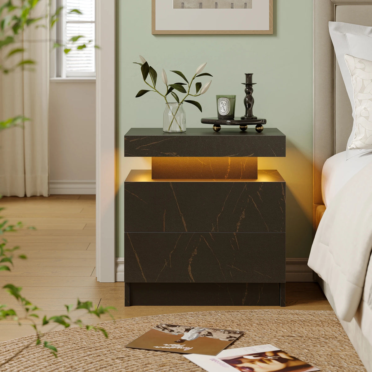 Cubehom Led Nightstand With Two Drawers Wooden Bedside Table