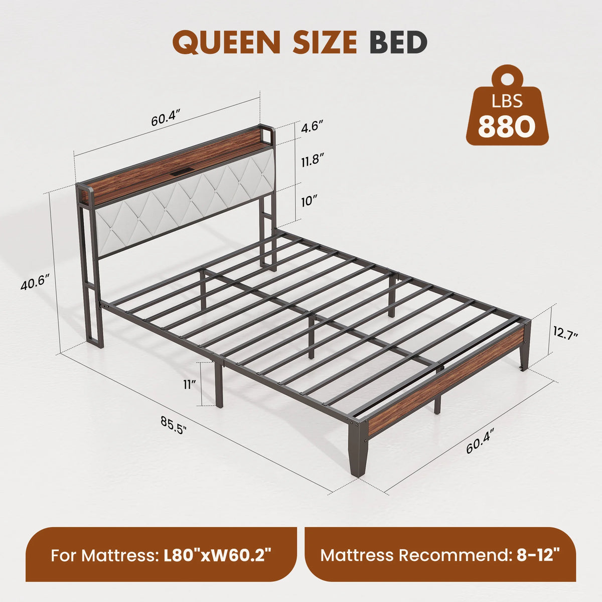 JHK Heavy Duty Metal Bed Frame With Headboard Charging Station