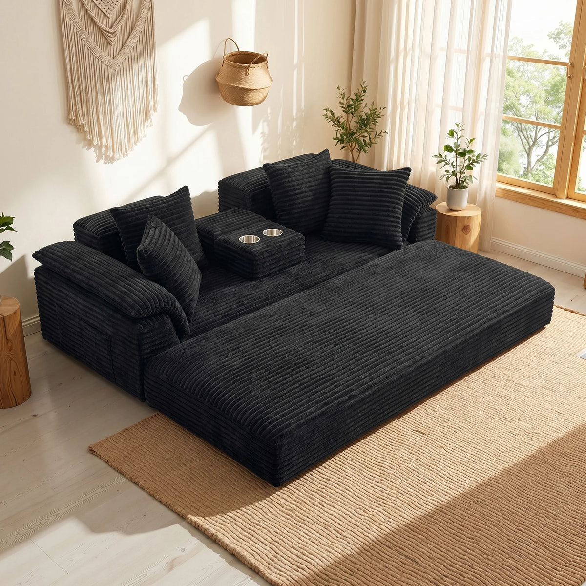 Modern Modular Convertible Sofa With Integrated Cup Holder And Cushions
