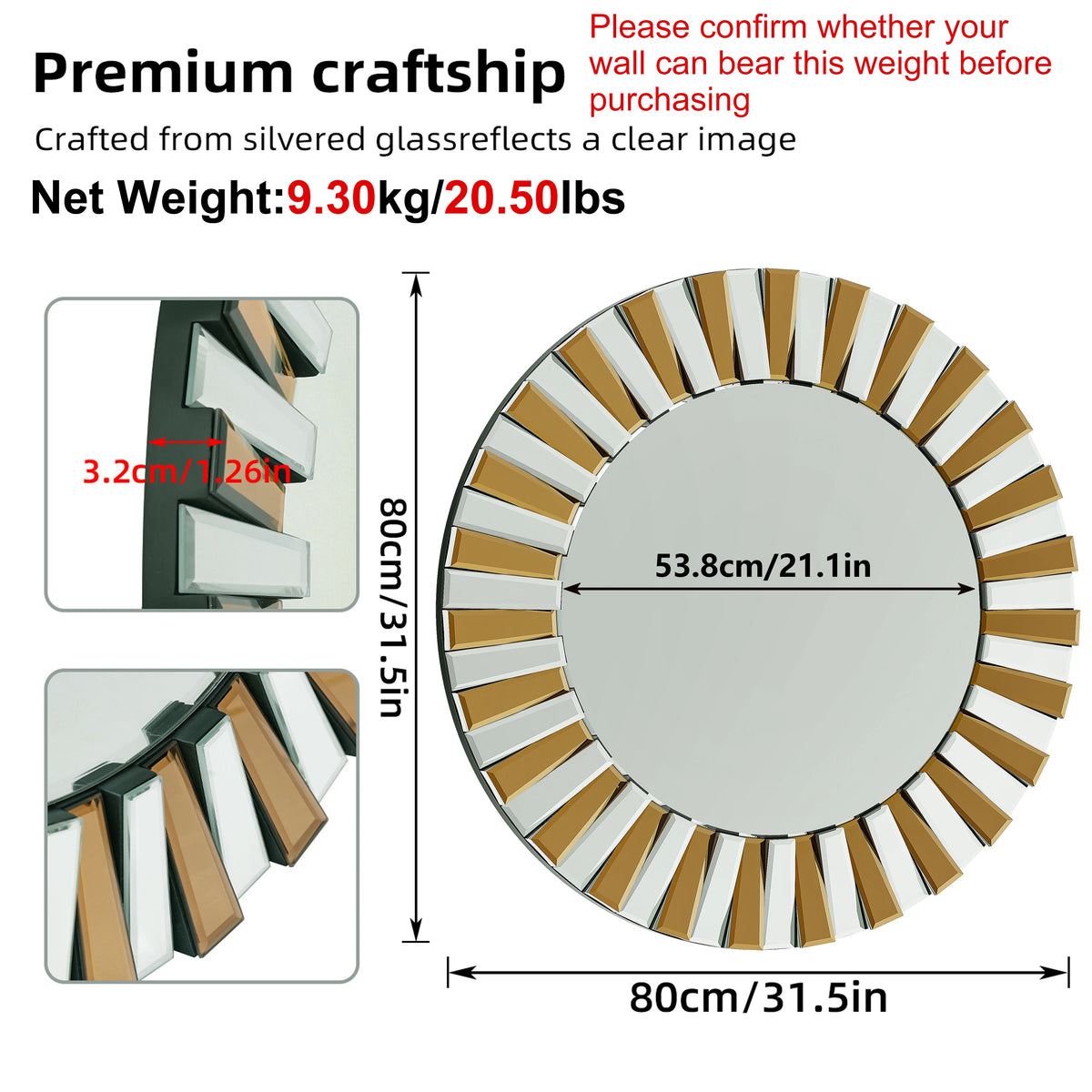 Round Starburst Glass Wall Mirror Decorative Accent Home Decor