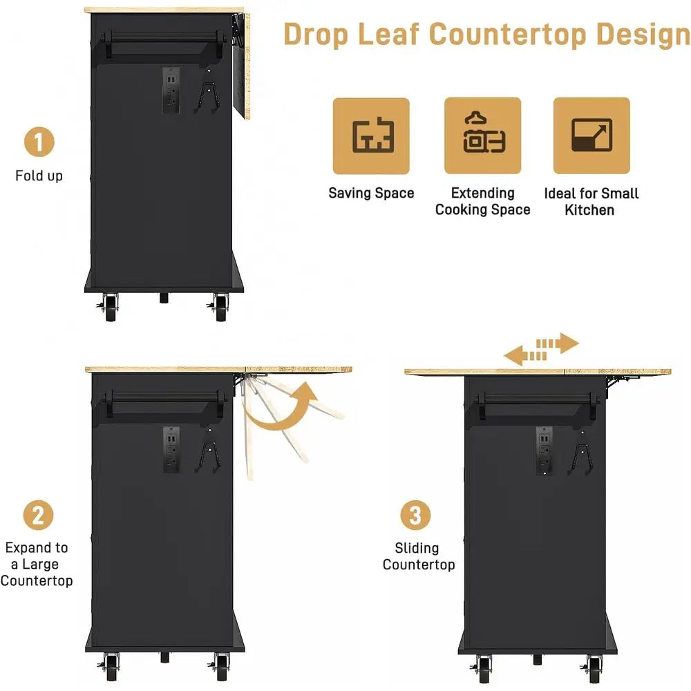 Movable Kitchen Island Cart With Drop Leaf Power Outlet