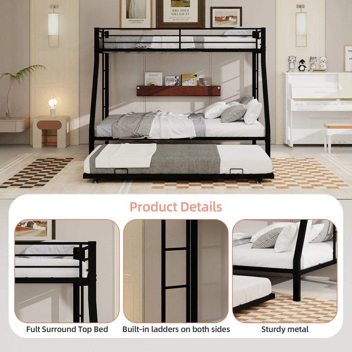 Heavy Duty Metal Triple Bunk Bed With Trundle And Guardrails