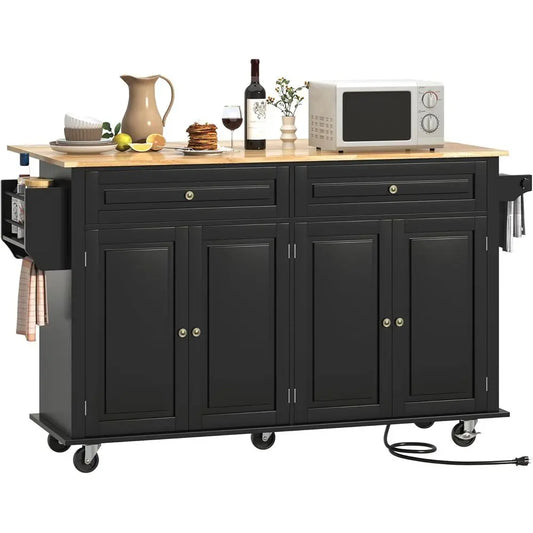 Movable Kitchen Island Cart With Drop Leaf Power Outlet
