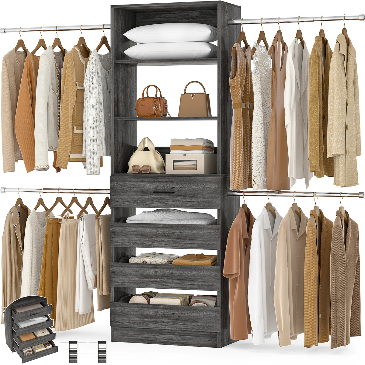 Aheaplus Wooden Closet Organizer With Drawers And Hanging Rods