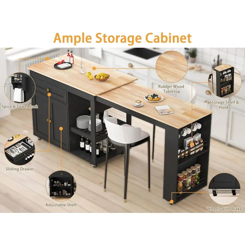 Rolling Kitchen Island With Pull Out Dining Table And Storage