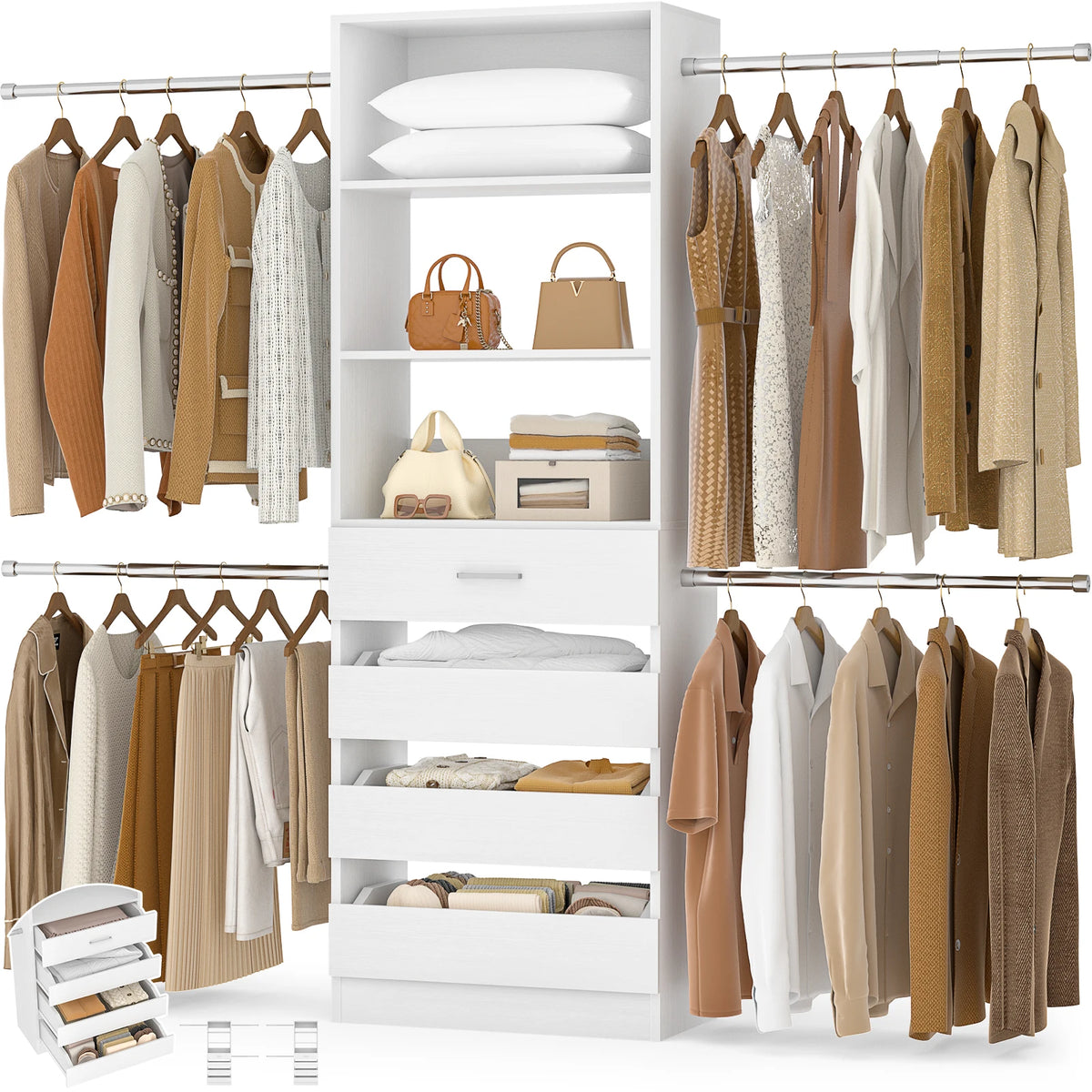 Aheaplus Wooden Closet Organizer With Drawers And Hanging Rods