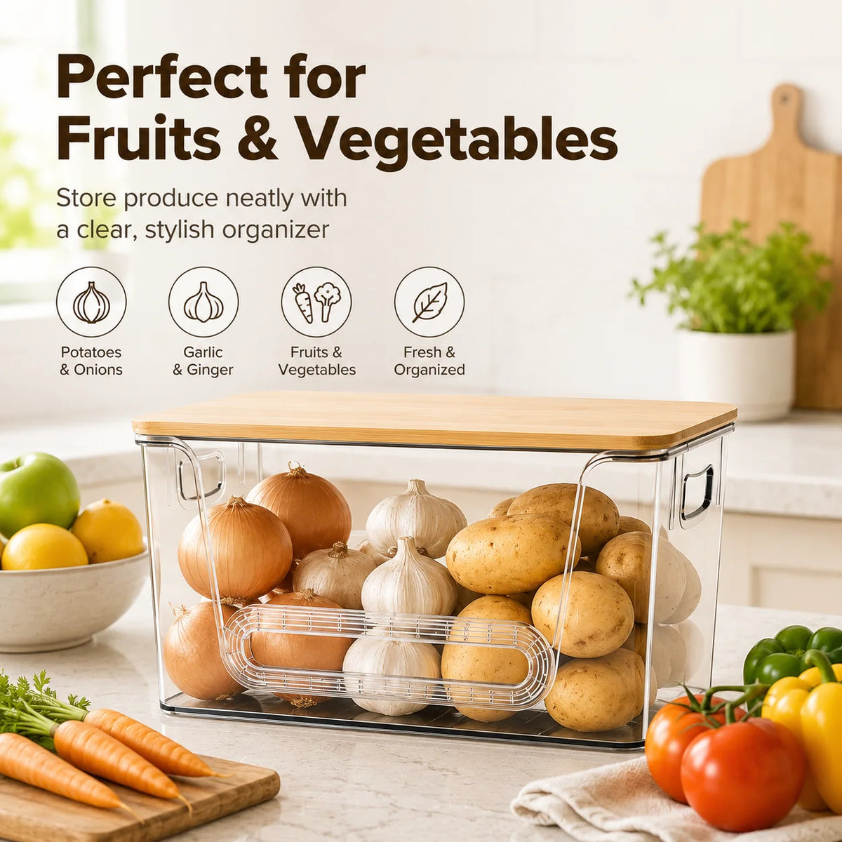 Acrylic Bamboo Lid Food Storage Organizer Stackable Fridge Bin Containers