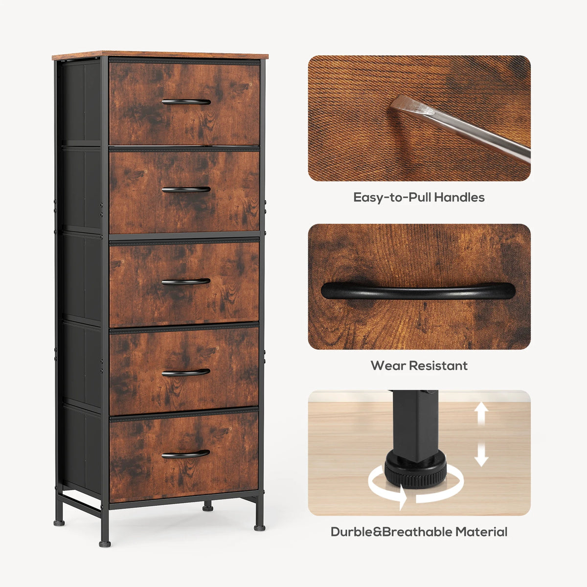 JHK Modern Steel Frame Wardrobe Dresser 5 Fabric Drawers