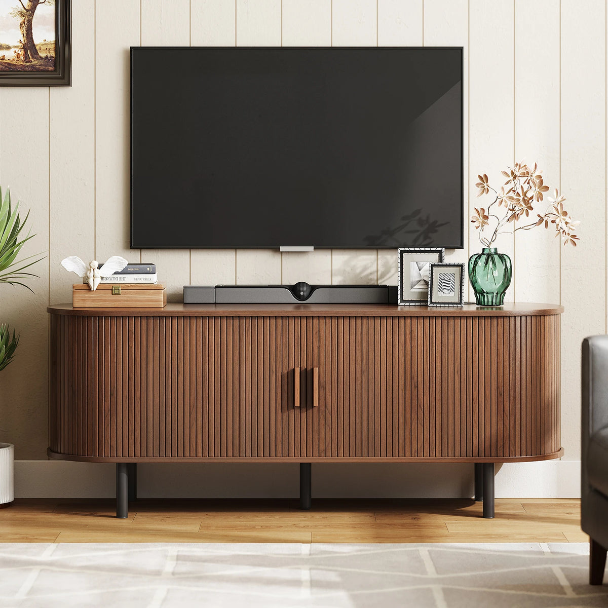 Onbrill Modern TV Stand With Power Outlet And Sliding Doors