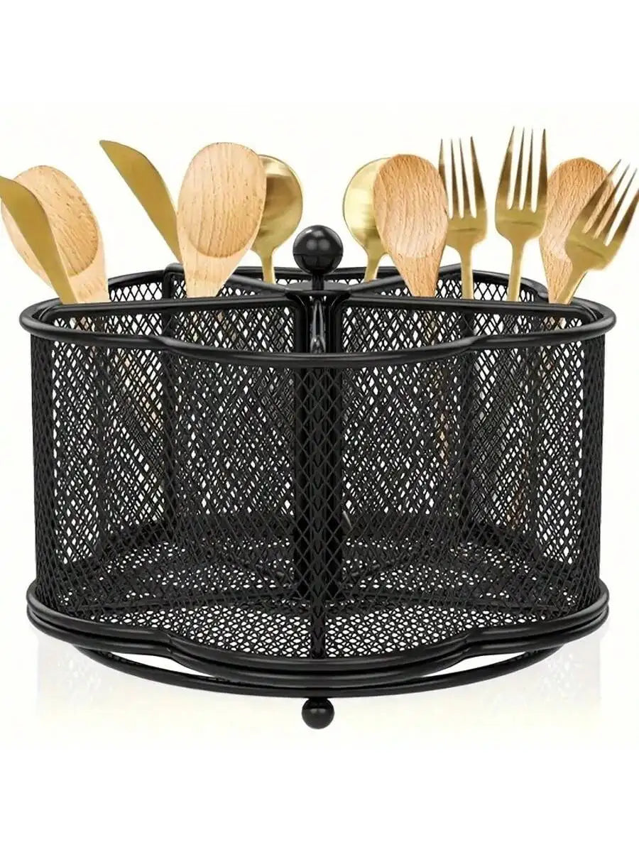 Modern Rotating Stainless Steel Utensil Holder With Five Compartments