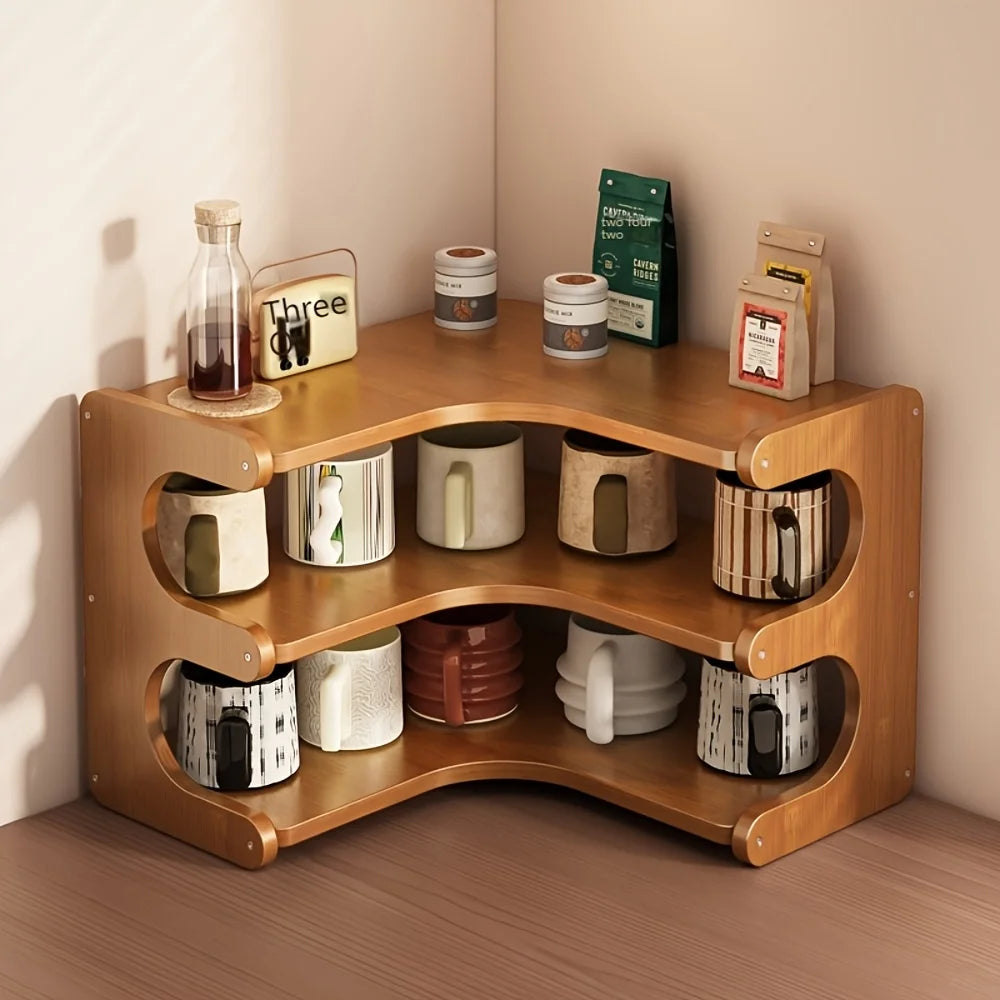 Multi Tier Bamboo Corner Wall Mounted Wooden Storage Shelf