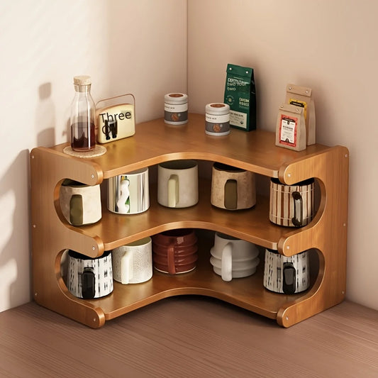 Multi Tier Bamboo Corner Wall Mounted Wooden Storage Shelf