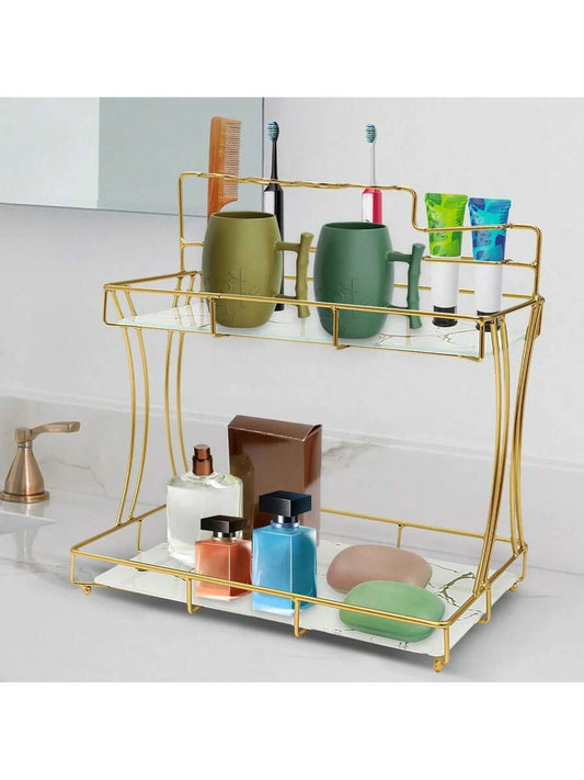 Dual Tier Metal Makeup Organizer Tray With Toothbrush Holder