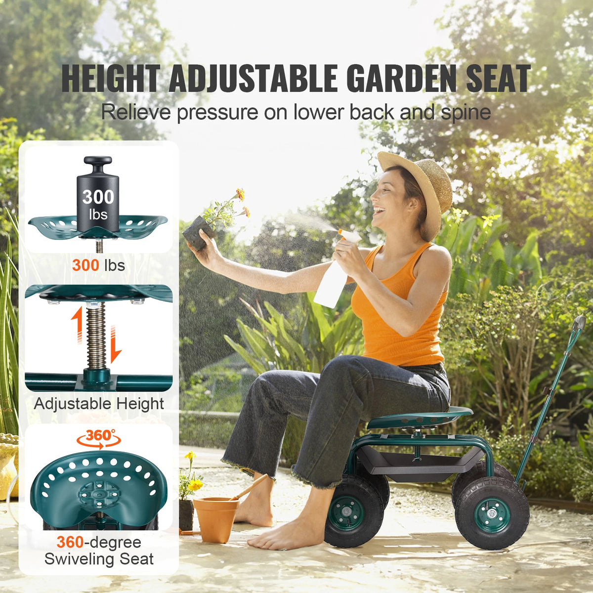 SucceBuy Garden Cart With Rolling Wheels And Swivel Seat
