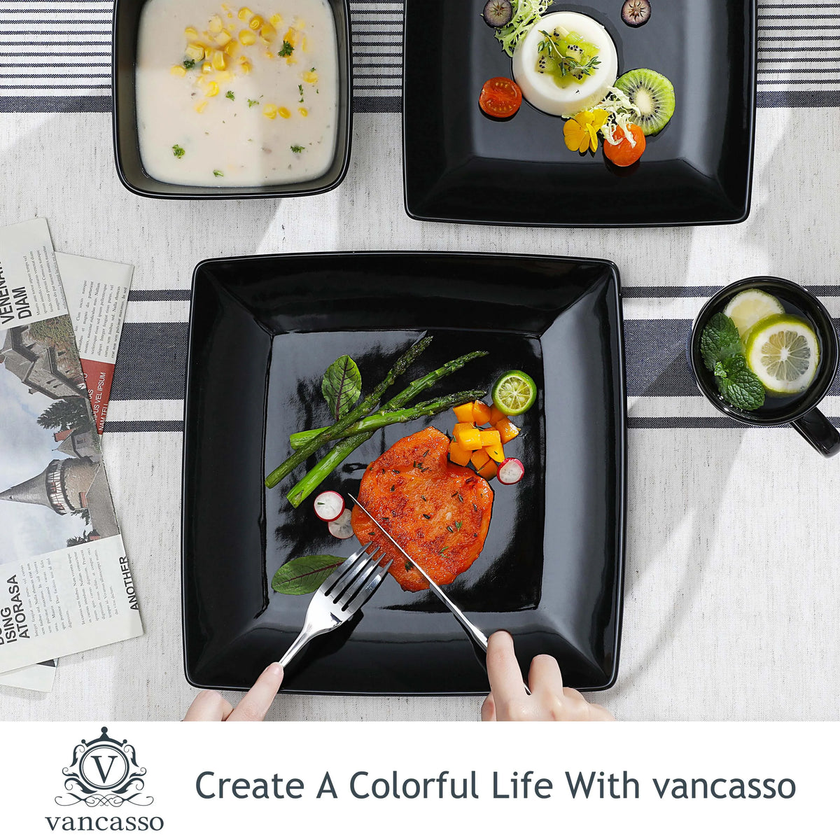 Malacasa Modern Ceramic Porcelain Square Dinnerware Set