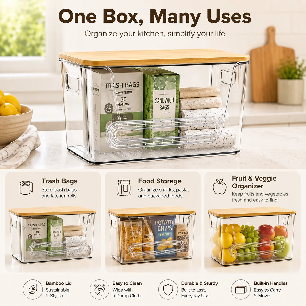 Acrylic Bamboo Lid Food Storage Organizer Stackable Fridge Bin Containers