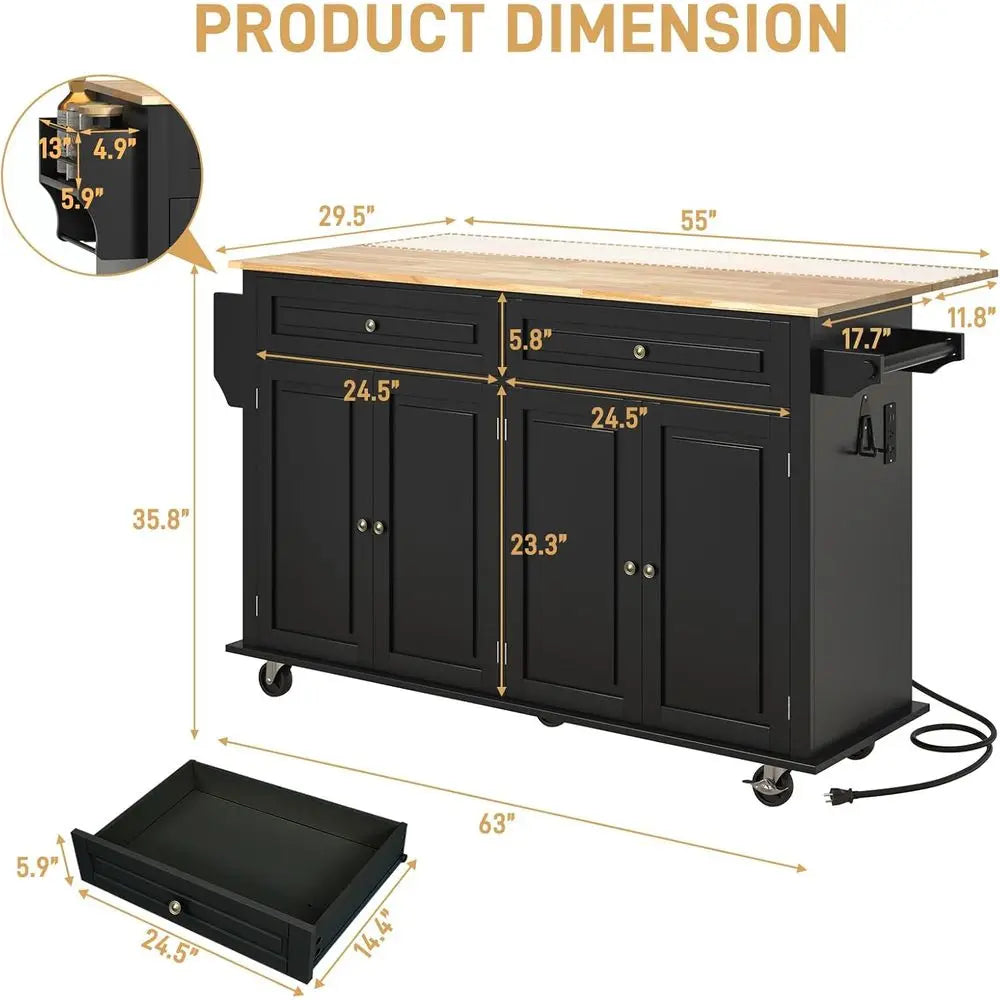 Movable Kitchen Island Cart With Drop Leaf Power Outlet