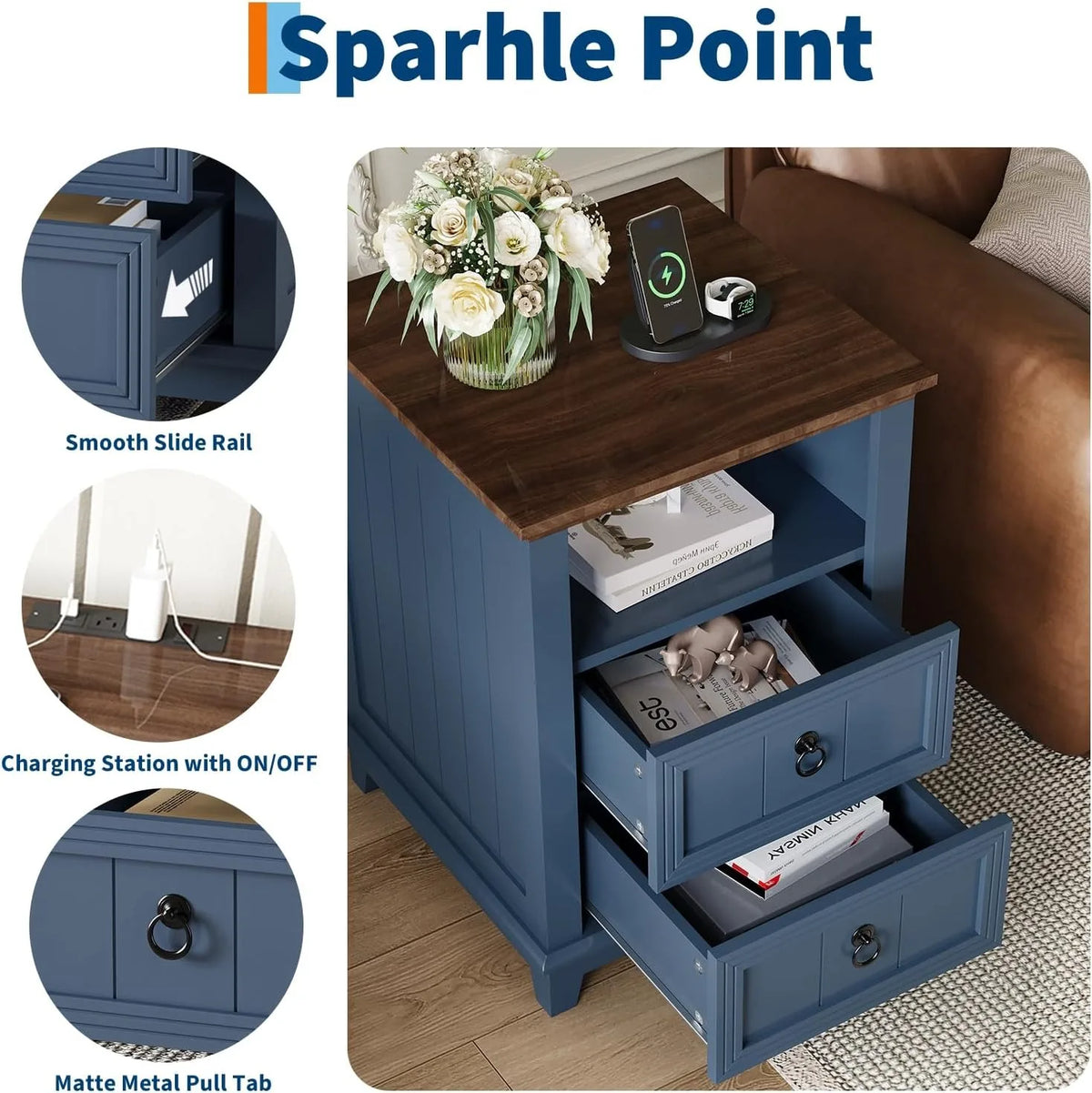 Modern Fluted Wood Nightstand With USB Charging Station