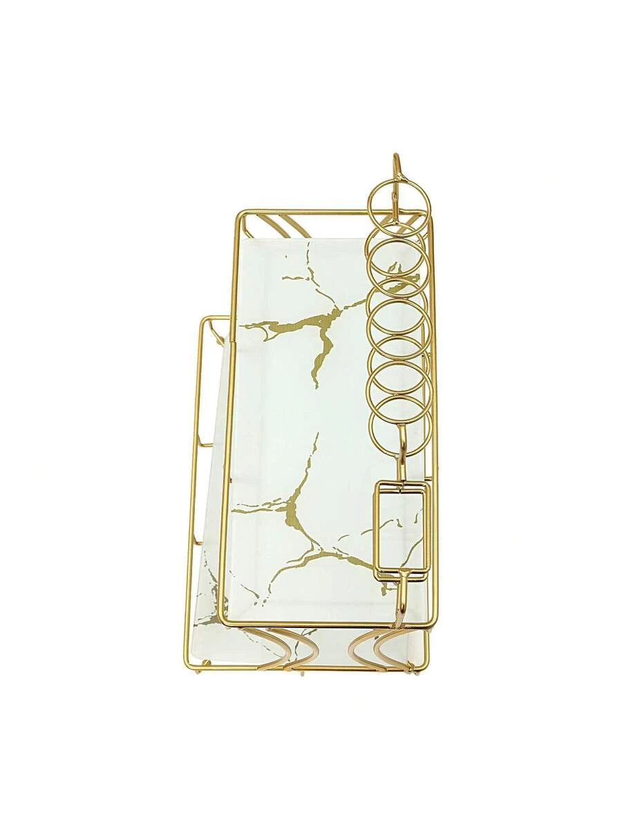 Dual Tier Metal Makeup Organizer Tray With Toothbrush Holder