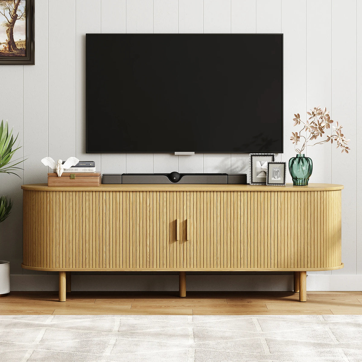 Onbrill Modern TV Stand With Power Outlet And Sliding Doors