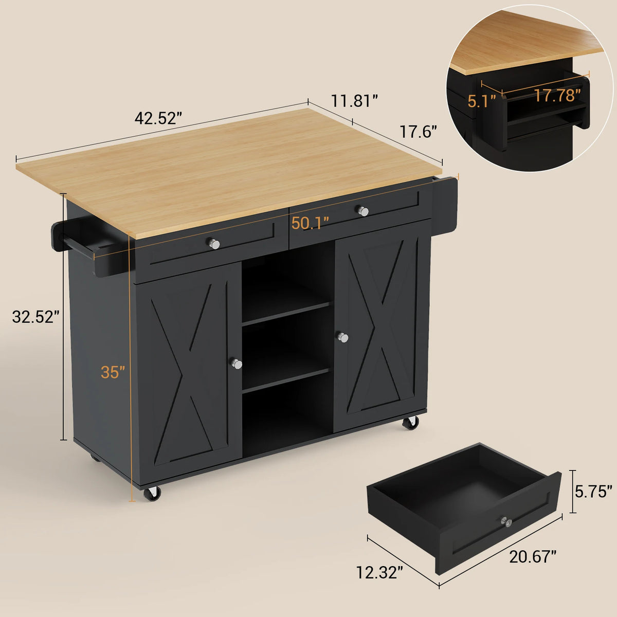Huisenitre Rolling Kitchen Island With Storage And Wheels