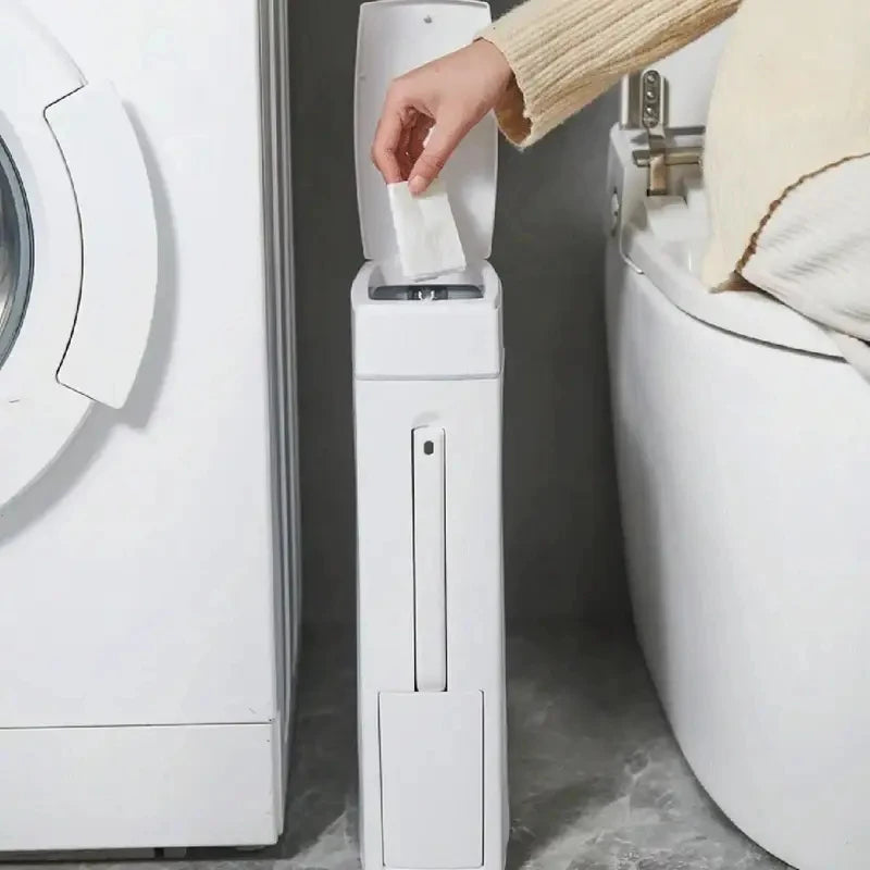Plastic Bathroom Trash Can With Integrated Toilet Brush Combo