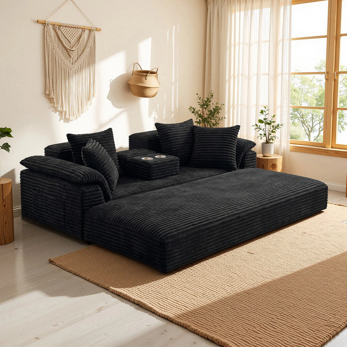 Modern Modular Convertible Sofa With Integrated Cup Holder And Cushions