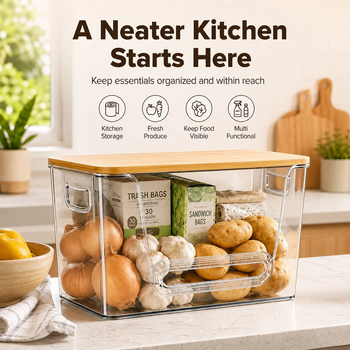 Acrylic Bamboo Lid Food Storage Organizer Stackable Fridge Bin Containers