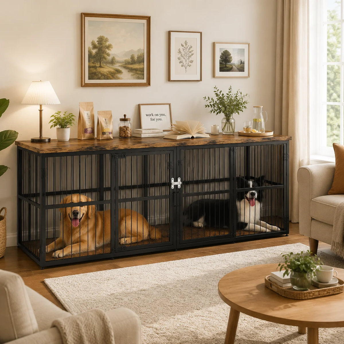 Heavy Duty Wooden Double Dog Crate With Storage Table
