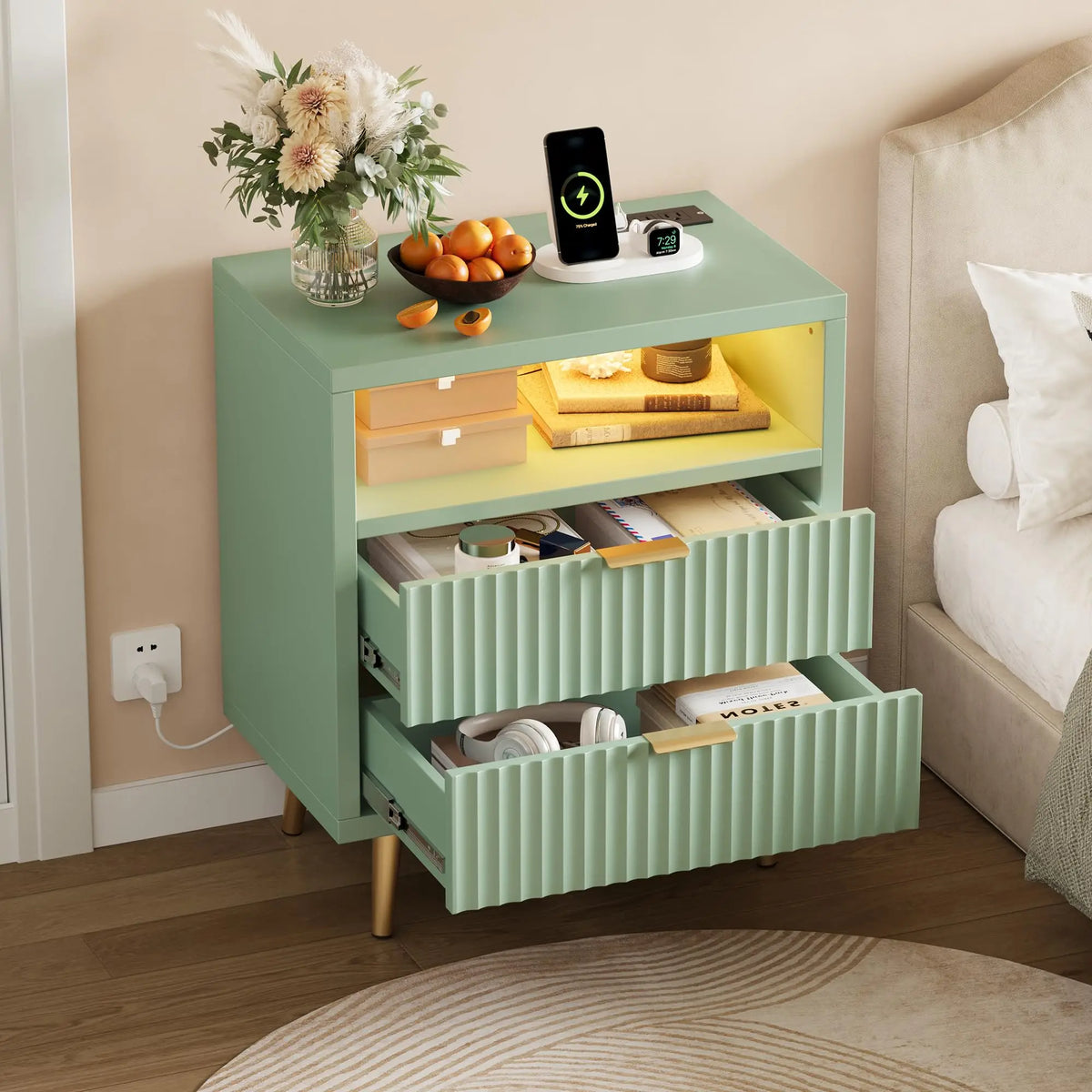 HiMISS Nightstand With Charging Station And RGB LED Lights