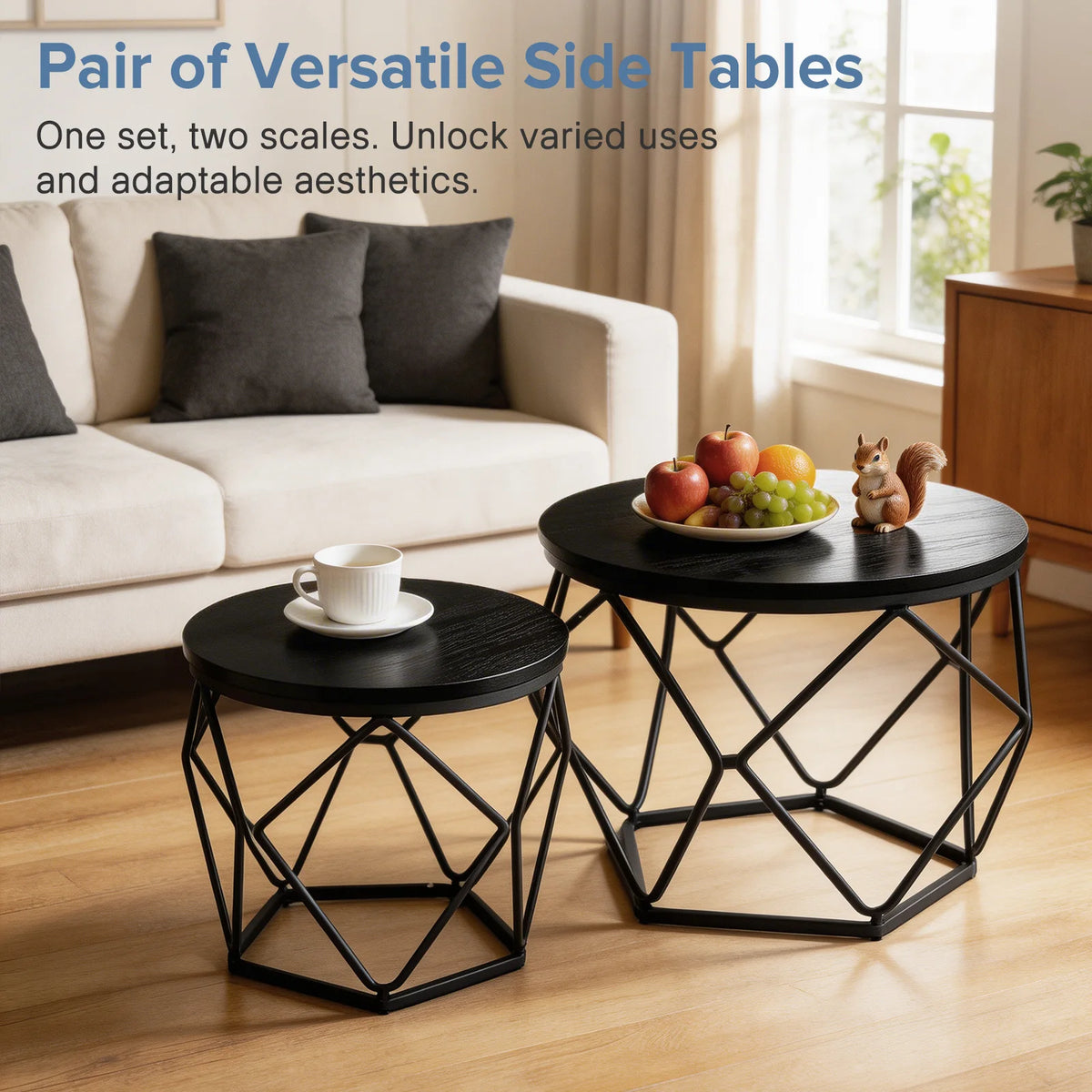 JHK Round Geometric Coffee Table Set With Metal Frame