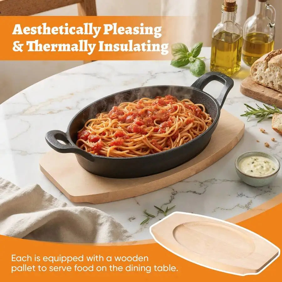 Cast Iron Cookware Set With Nonstick Griddle And Wooden Trays
