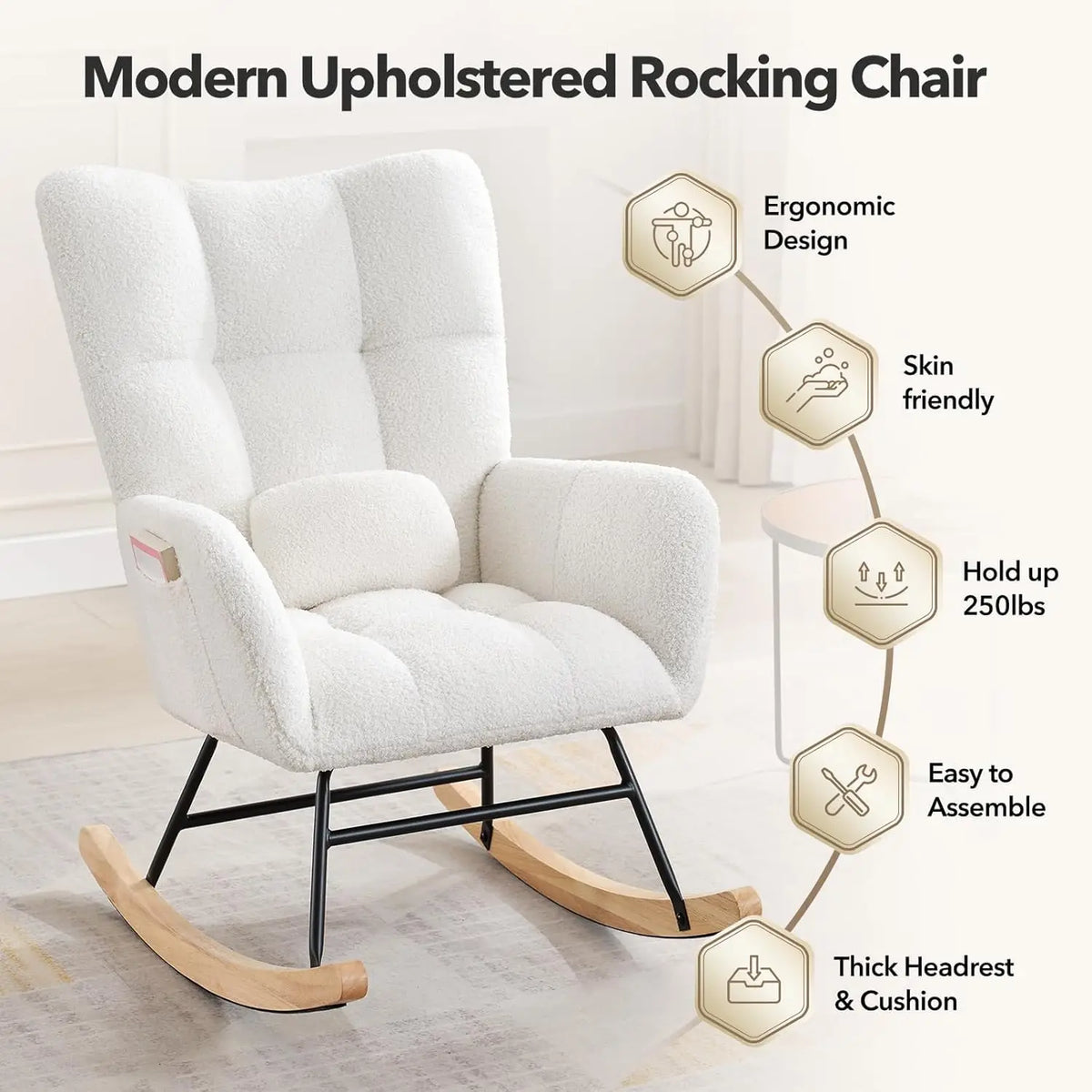 Studyset Modern Upholstered Teddy Boucle Rocking Chair With Side Pocket
