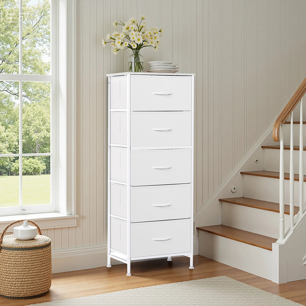 JHK Modern Steel Frame Wardrobe Dresser 5 Fabric Drawers