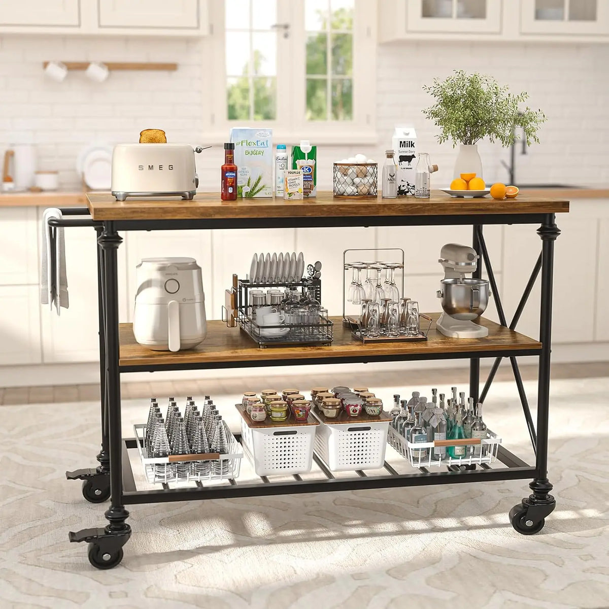 Wood And Metal Rolling Kitchen Island Cart With Pipe Legs