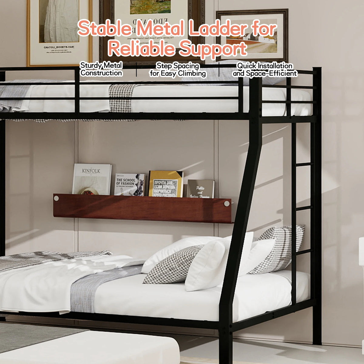 Heavy Duty Metal Triple Bunk Bed With Trundle And Guardrails