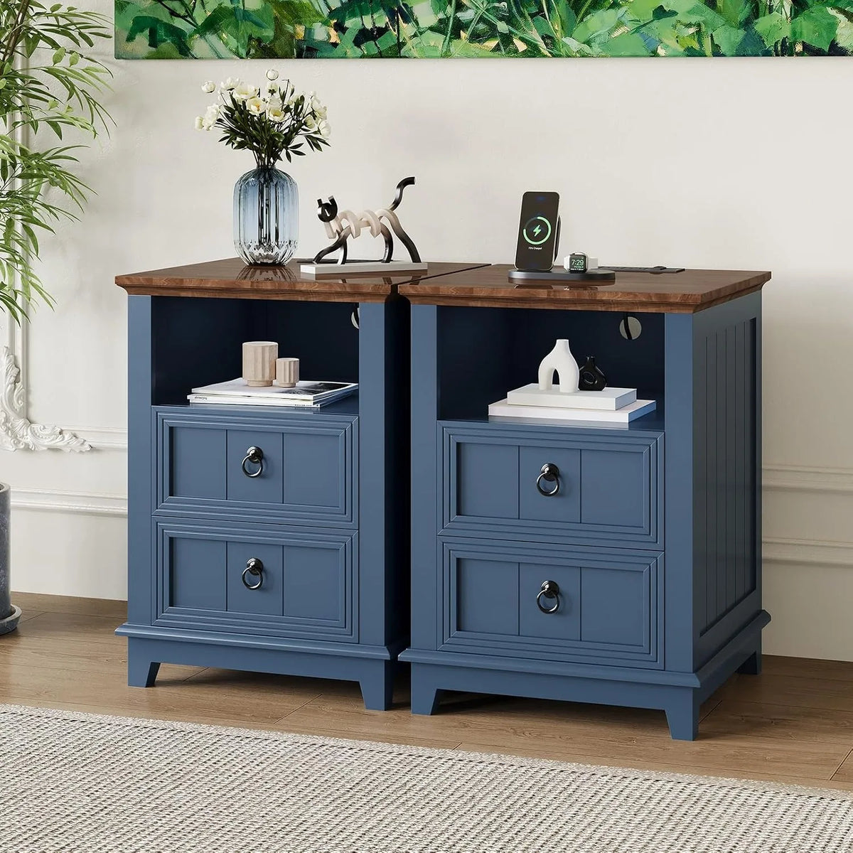 Modern Fluted Wood Nightstand With USB Charging Station