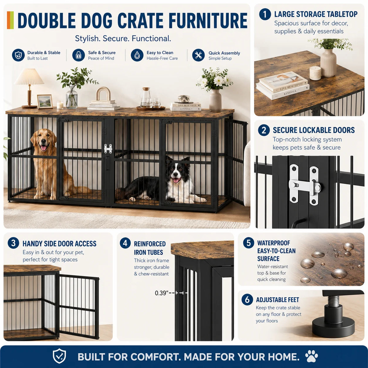 Heavy Duty Wooden Double Dog Crate With Storage Table