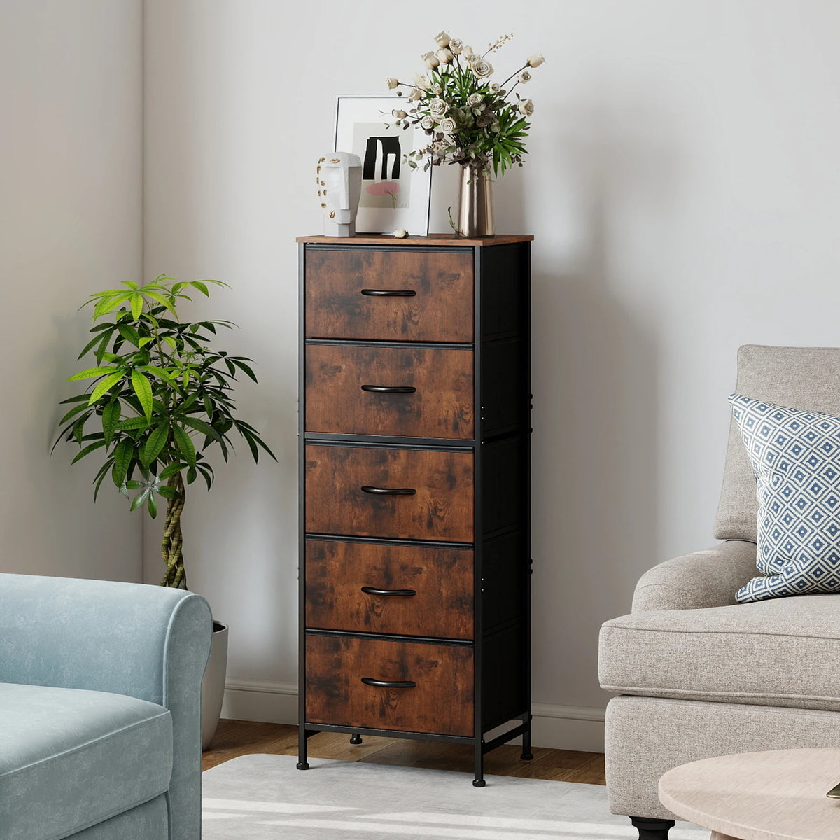 JHK Modern Steel Frame Wardrobe Dresser 5 Fabric Drawers