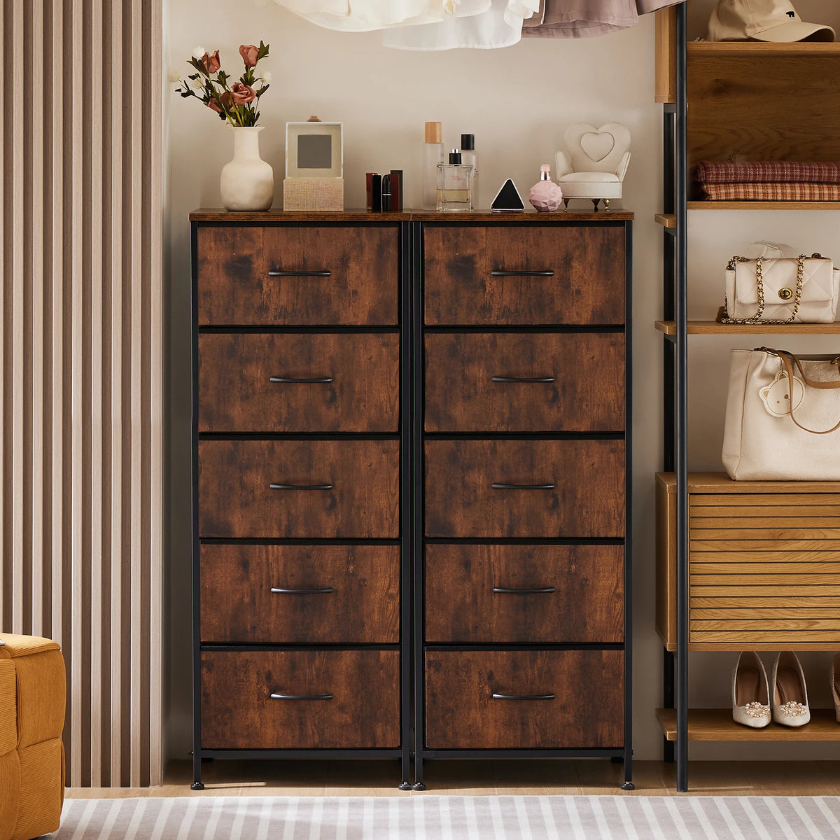 JHK Modern Steel Frame Wardrobe Dresser 5 Fabric Drawers