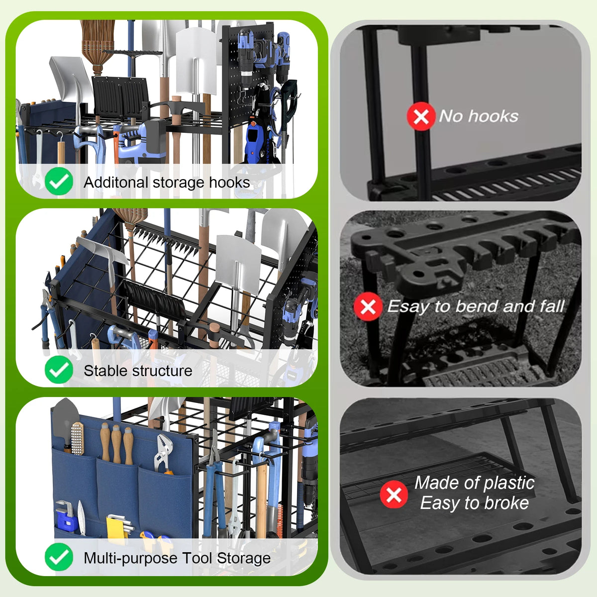 Sturdy Metal Garden Tool Organizer Rack With Storage Bags
