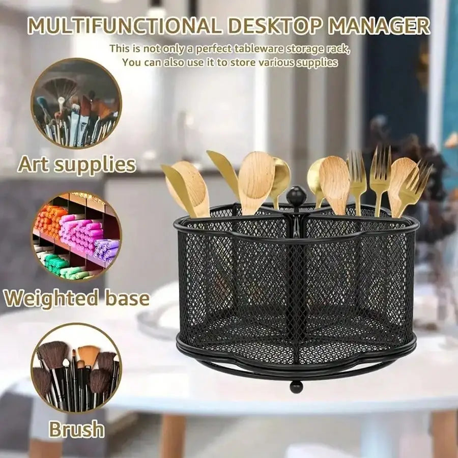 Modern Rotating Stainless Steel Utensil Holder With Five Compartments