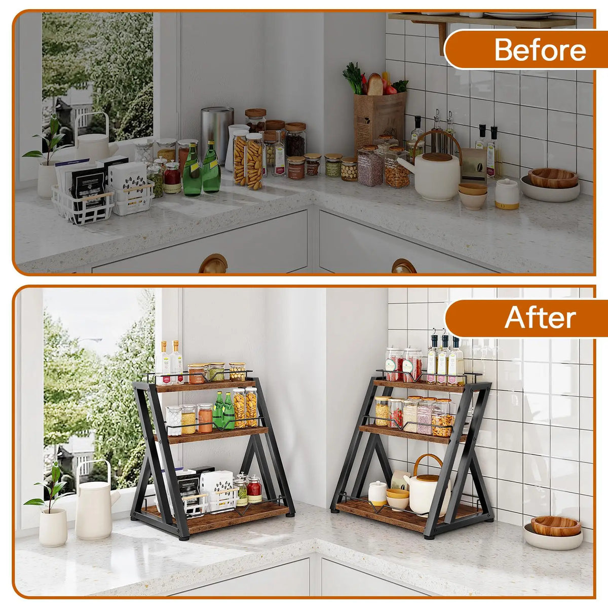 Three Tier Wooden Kitchen Spice Rack Countertop Storage Shelf