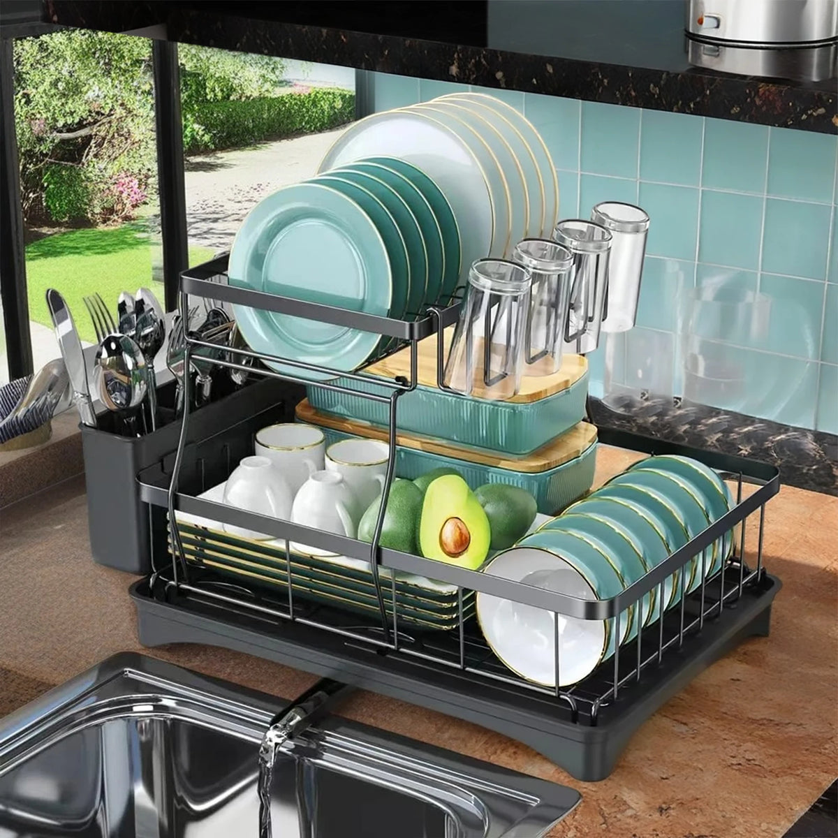 Metal Two Tier Kitchen Countertop Dish Drying And Draining Rack
