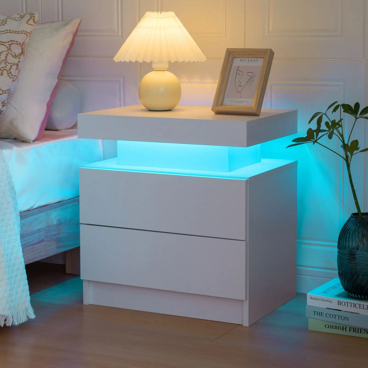 Cubehom Led Nightstand With Two Drawers Wooden Bedside Table
